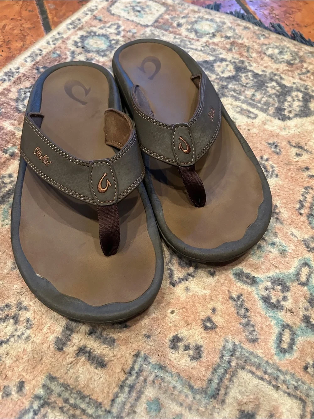 OluKai Men’s Dark Brown Leather Thong Sandals - Picture 10 of 11